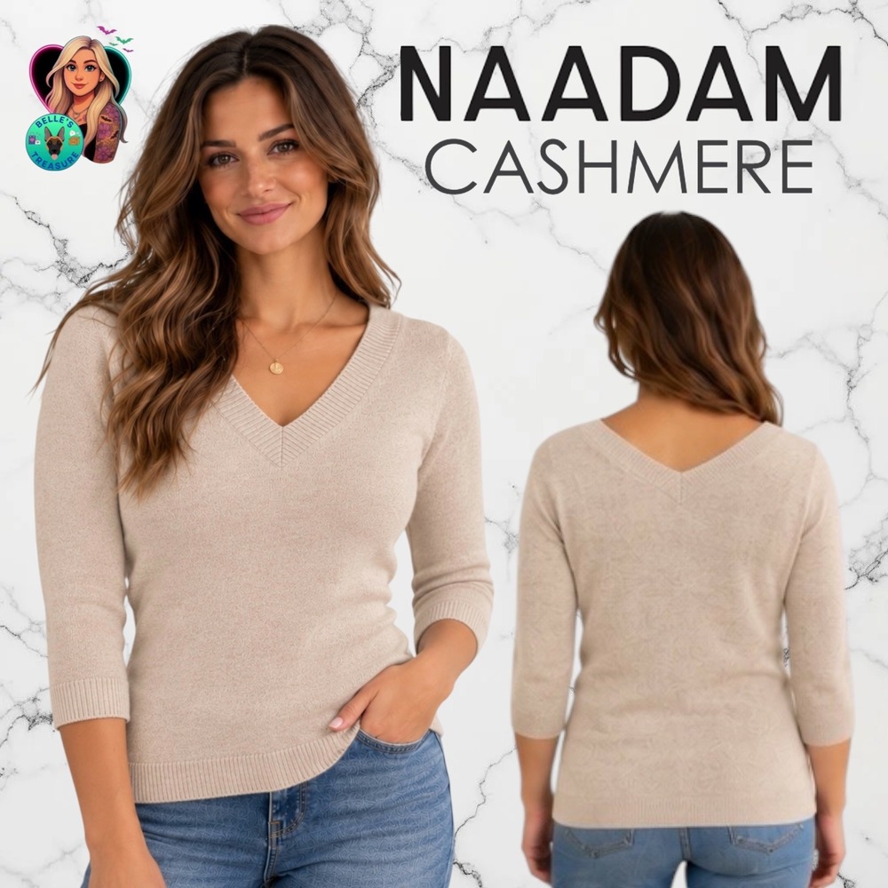 Project Naadam Cashmere V-Neck Sweater Beige Boxy Fit 3/4 Sleeve Womens Large